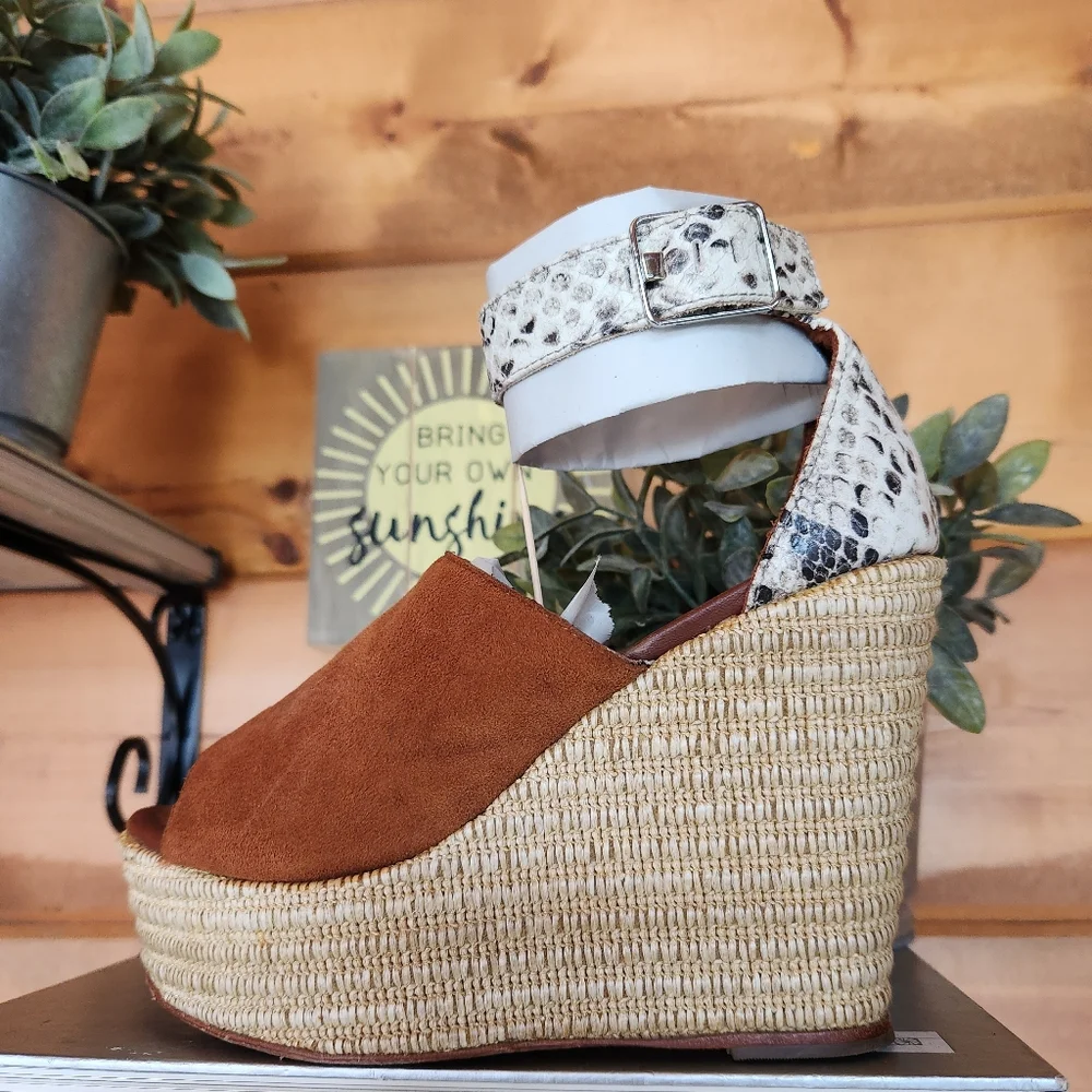 Matt Bernson Leather Platform Wedge Sandals Snake Espadrille Open Toe Heel Sz 6B